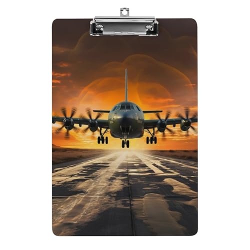 Militärflugzeug landet auf Airforce Runways gegen schönes DuSky Klemmbrett, A4-Größe, Acryl-Klemmbrett, dekorative Standard-Klemmbretter mit Edelstahl-Aufhängeloch, tragbarer Dokumenten-Organizer F von LPSADGF