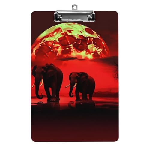 Rotes Vollmond-Klemmbrett mit Elefanten, A4-Größe, Acryl-Klemmbrett, dekorative Standard-Klemmbretter mit Edelstahl-Aufhängeloch, tragbarer Dokumenten-Organizer für Bürobedarf, Heimgebrauch von LPSADGF