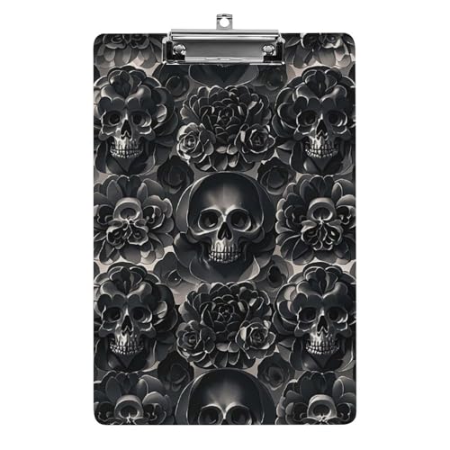 Schwarzes Klemmbrett mit Pfingstrosen-Rosen-Schädel, A4-Größe, Acryl-Klemmbrett, dekorative Standard-Klemmbretter mit Edelstahl-Aufhängeloch, tragbarer Dokumenten-Organizer für Bürobedarf von LPSADGF