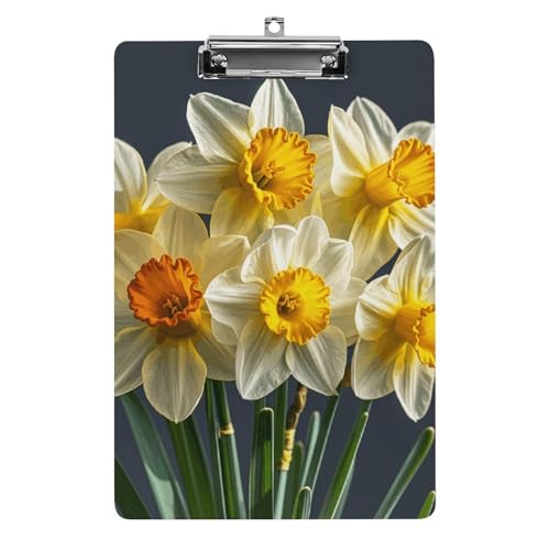 Strauß Narzissen-Klemmbrett, A4-Größe, Acryl-Klemmbrett, dekorative Standard-Klemmbretter mit Edelstahl-Aufhängeloch, tragbarer Dokumenten-Organizer für Bürobedarf, Heimgebrauch von LPSADGF