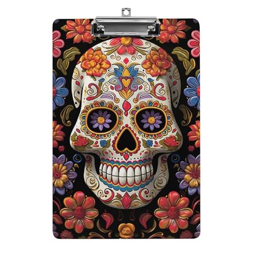 Sugar Skulls Klemmbrett, A4-Größe, Acryl-Klemmbrett, dekorative Standard-Klemmbretter mit Edelstahl-Aufhängeloch, tragbarer Dokumenten-Organizer für Bürobedarf, Heimgebrauch von LPSADGF