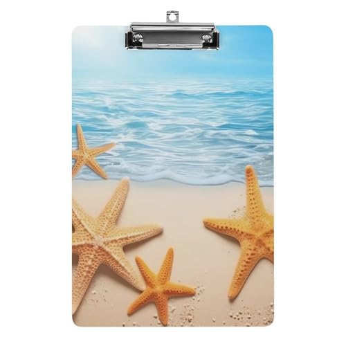 Summer Seestern Klemmbrett, A4-Größe, Acryl-Klemmbrett, dekorative Standard-Klemmbretter mit Edelstahl-Aufhängeloch, tragbarer Dokumenten-Organizer für Bürobedarf, Heimgebrauch von LPSADGF