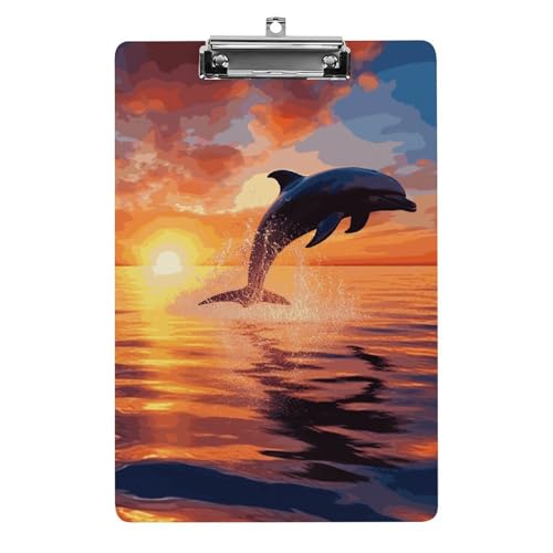 Sunset Dolphin Klemmbrett, A4-Größe, Acryl-Klemmbrett, dekorative Standard-Klemmbretter mit Edelstahl-Aufhängeloch, tragbarer Dokumenten-Organizer für Bürobedarf, Heimgebrauch von LPSADGF