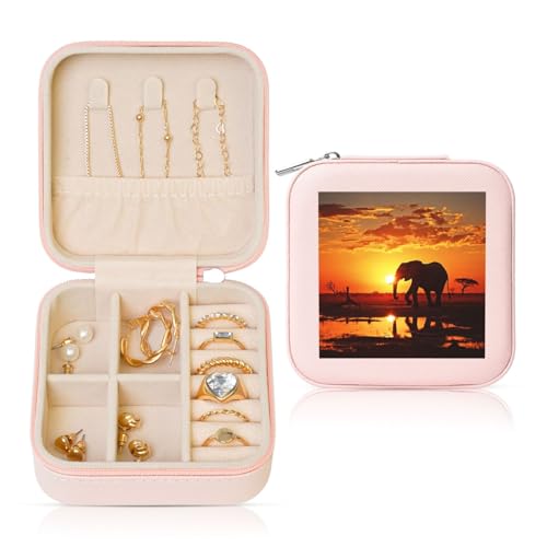 LPSRTWE Schmuckschatullen für Damen und Mädchen, quadratisch, Schmuck-Organizer, Elefantenbilder, Leder-Schmuck-Aufbewahrungsbox, tragbar, Reise-Schmuckkoffer mit Reißverschluss für Halskette von LPSRTWE