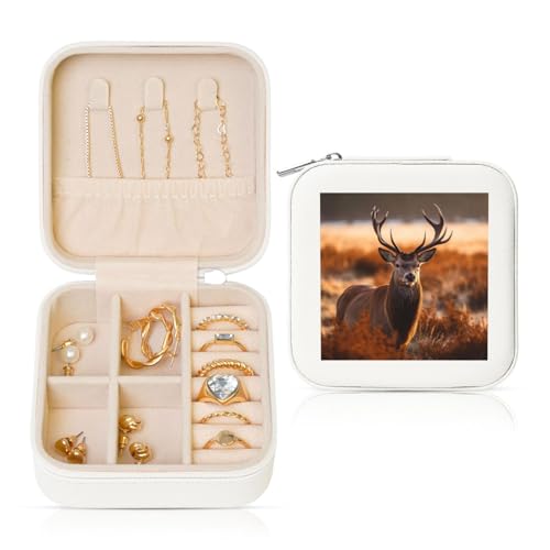 LPSRTWE Schmuckschatullen für Damen und Mädchen, quadratisch, Schmuck-Organizer, Geweih, rotes Hirsch, Leder, Schmuck-Aufbewahrungsbox, tragbar, Reise-Schmuckkoffer mit Reißverschluss für Halskette von LPSRTWE
