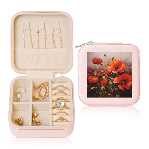 LPSRTWE Schmuckschatullen für Damen und Mädchen, quadratisch, Schmuck-Organizer, Ölgemälde, rote Blume, Leder, Schmuck-Aufbewahrungsbox, tragbar, Reise-Schmuckkoffer mit Reißverschluss für Halskette von LPSRTWE