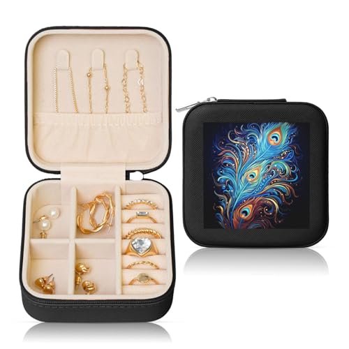 LPSRTWE Schmuckschatullen für Damen und Mädchen, quadratisch, Schmuck-Organizer, Pfauenfedern, Kunst, Leder, Schmuck-Aufbewahrungsbox, tragbar, Reise-Schmuckkoffer mit Reißverschluss für Halskette LPSRTWE Schmuckschatullen für Damen und Mädchen, quadratisch, Schmuck-Organizer, Pfauenfedern, Kunst, Leder, Schmuck-Aufbewahrungsbox, tragbar, Reise-Schmuckkoffer mit Reißverschluss für Halskette von LPSRTWE