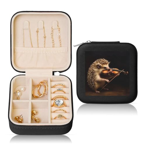 LPSRTWE Schmuckschatullen für Damen und Mädchen, quadratisch, Schmuck-Organizer, Tier, Igel, Musik, Violine, Leder, Schmuck-Aufbewahrungsbox, tragbar, Reise-Schmuckkoffer mit Reißverschluss für von LPSRTWE