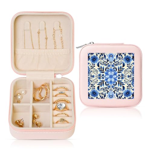 LPSRTWE Schmuckschatullen für Damen und Mädchen, quadratisch, Schmuck-Organizer, blau, Volkskunst, Leder, Schmuck-Aufbewahrungsbox, tragbar, Reise-Schmuckkoffer mit Reißverschluss für Halskette LPSRTWE Schmuckschatullen für Damen und Mädchen, quadratisch, Schmuck-Organizer, blau, Volkskunst, Leder, Schmuck-Aufbewahrungsbox, tragbar, Reise-Schmuckkoffer mit Reißverschluss für Halskette von LPSRTWE