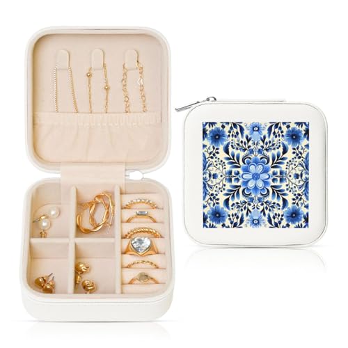 LPSRTWE Schmuckschatullen für Damen und Mädchen, quadratisch, Schmuck-Organizer, blau, Volkskunst, Leder, Schmuck-Aufbewahrungsbox, tragbar, Reise-Schmuckkoffer mit Reißverschluss für Halskette LPSRTWE Schmuckschatullen für Damen und Mädchen, quadratisch, Schmuck-Organizer, blau, Volkskunst, Leder, Schmuck-Aufbewahrungsbox, tragbar, Reise-Schmuckkoffer mit Reißverschluss für Halskette von LPSRTWE