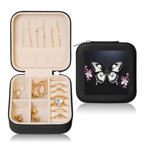 LPSRTWE Schmuckschatullen für Damen und Mädchen, quadratisch, Schmuck-Organizer, schwarz, weiß, Schmetterling, Leder, Schmuck-Aufbewahrungsbox, tragbar, Reise-Schmuckkoffer mit Reißverschluss für LPSRTWE Schmuckschatullen für Damen und Mädchen, quadratisch, Schmuck-Organizer, schwarz, weiß, Schmetterling, Leder, Schmuck-Aufbewahrungsbox, tragbar, Reise-Schmuckkoffer mit Reißverschluss für von LPSRTWE
