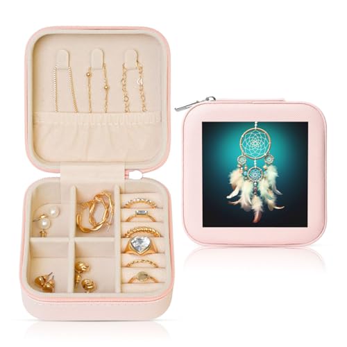 LPSRTWE Schmuckschatullen für Damen und Mädchen, quadratisch, Schmuck-Organizer, weiß, Traumfänger, Federn, Leder, Schmuck-Aufbewahrungsbox, tragbar, Reise-Schmuckkoffer mit Reißverschluss für von LPSRTWE
