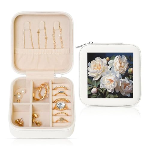 LPSRTWE Schmuckschatullen für Damen und Mädchen, quadratisch, Schmuck-Organizer, weiße Pfingstrose, Leder, Schmuck-Aufbewahrungsbox, tragbar, Reise-Schmucketui mit Reißverschluss für Halskette LPSRTWE Schmuckschatullen für Damen und Mädchen, quadratisch, Schmuck-Organizer, weiße Pfingstrose, Leder, Schmuck-Aufbewahrungsbox, tragbar, Reise-Schmucketui mit Reißverschluss für Halskette von LPSRTWE