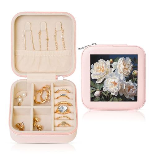 LPSRTWE Schmuckschatullen für Damen und Mädchen, quadratisch, Schmuck-Organizer, weiße Pfingstrose, Leder, Schmuck-Aufbewahrungsbox, tragbar, Reise-Schmucketui mit Reißverschluss für Halskette LPSRTWE Schmuckschatullen für Damen und Mädchen, quadratisch, Schmuck-Organizer, weiße Pfingstrose, Leder, Schmuck-Aufbewahrungsbox, tragbar, Reise-Schmucketui mit Reißverschluss für Halskette von LPSRTWE