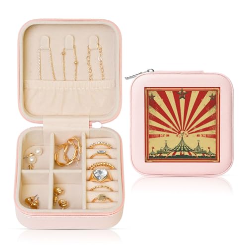 LPSRTWE Schmuckschatullen für Damen und Mädchen, quadratisch, Vintage-Zirkushintergrund, Leder-Schmuck-Aufbewahrungsbox, tragbar, Reise-Schmuckkoffer mit Reißverschluss für Halskette, Ohrringe, Ringe LPSRTWE Schmuckschatullen für Damen und Mädchen, quadratisch, Vintage-Zirkushintergrund, Leder-Schmuck-Aufbewahrungsbox, tragbar, Reise-Schmuckkoffer mit Reißverschluss für Halskette, Ohrringe, Ringe von LPSRTWE