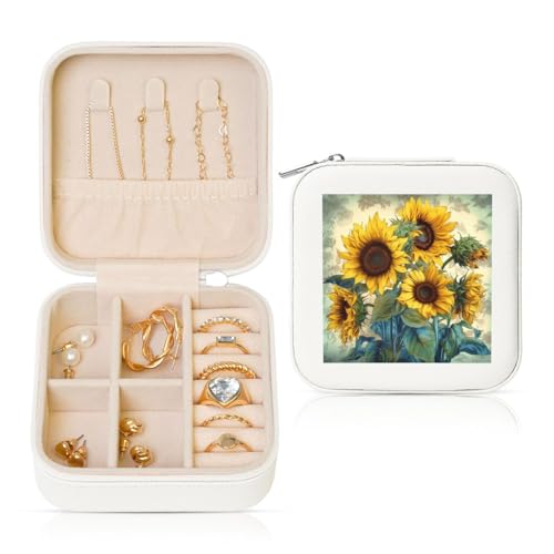 LPSRTWE Schmuckschatullen für Damen und Mädchen, quadratisch, mit Sonnenblumen-Druck, Leder-Schmuck-Aufbewahrungsbox, tragbar, Reise-Schmuckkoffer mit Reißverschluss für Halskette, Ohrringe, Ringe von LPSRTWE