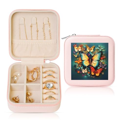 Schmuckschatullen für Damen und Mädchen, quadratisch, Schmuck-Organizer, bunte Schmetterling-Stickerei, Gemälde, Leder, Schmuck-Aufbewahrungsbox, tragbar, Reise-Schmuckkoffer mit Reißverschluss für Schmuckschatullen für Damen und Mädchen, quadratisch, Schmuck-Organizer, bunte Schmetterling-Stickerei, Gemälde, Leder, Schmuck-Aufbewahrungsbox, tragbar, Reise-Schmuckkoffer mit Reißverschluss für von LPSRTWE
