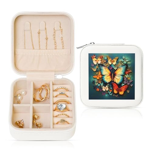 Schmuckschatullen für Damen und Mädchen, quadratisch, Schmuck-Organizer, bunte Schmetterling-Stickerei, Gemälde, Leder, Schmuck-Aufbewahrungsbox, tragbar, Reise-Schmuckkoffer mit Reißverschluss für Schmuckschatullen für Damen und Mädchen, quadratisch, Schmuck-Organizer, bunte Schmetterling-Stickerei, Gemälde, Leder, Schmuck-Aufbewahrungsbox, tragbar, Reise-Schmuckkoffer mit Reißverschluss für von LPSRTWE