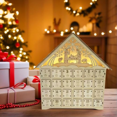 2025 Weihnachten Holz Adventskalender, 24 Tage Holz Adventskalender Dekoriert, Weihnachtshaus und LED beleuchteter Adventskalender, weißer W-ooden Countdown bis C-hristmas Kalender Wiederverwendbarer von LQQDREX