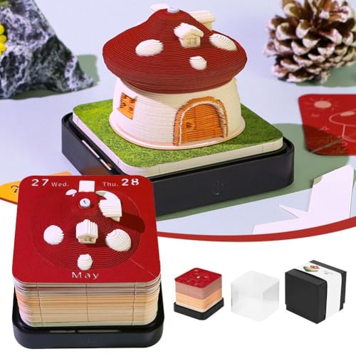 3D Kalender 2026 Zeitmesser Kalender, Kreative Zeitstück C-Alendar Pilzhaus Rip Away Papier Schnitzen Sticky, 2026 DIY Papier Kunst Notizen Notizblock Rot Pilz Haus Skulptur Geschenk von LQQDREX