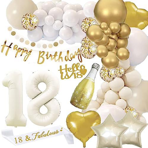 18 Geburtstag Deko, 18 Geburtstag Mädchen Junge, Geburtstag Deko Beige Weiß Gold, Luftballons Girlande mit Happy Birthday Banner 18 Geburtstag Deko Happy Birthday Deko, Beige 18 von LQSCJS