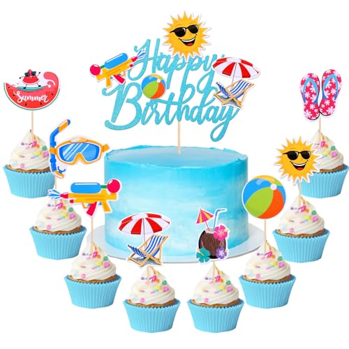Beach Cupcake Topper,Hawaii Strand Pool Cake Toppers,für Hawaii Party Deko Sommer Pool Party Decoration (Farbe A) von LQTSLFM