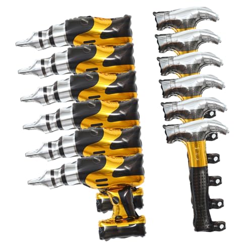 LRXIYODE 12 Stück Teiliges Folienballon Reparaturwerkzeug Motiv mit Aufblasbarem Hammer und Bohrer Aluminiumfolie Langlebig Dekoration für Jungen Geburtstag Themenparty und Bau von LRXIYODE