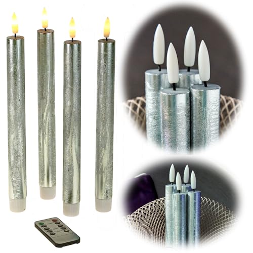 LS-LebenStil 3D Stabkerze Silber 24,5cm Echtwachs 4´er Set Timer bewegliche Kerzen Flamme von LS-LebenStil