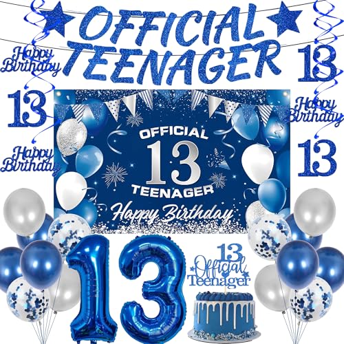 Deko 13 Geburtstag Teenager Junge - 20 Pcs 13. Geburtstag Blau Official Teenager Banner Happy Birthday Hintergrunddeko Ballons Zahl 13 Geburtstagsdeko Für 13 Jahr Kinder Jungen von LSISIIUYSL