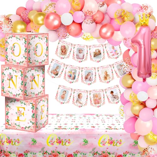 1. Geburtstag Dekorationen für Mädchen, rosa Ballonbogen Kit, 1. Geburtstag Baby-Foto-Banner für Neugeborene bis 12 Monate, 3 Pcs Floral Ballon Boxen mit ONE Buchstaben, 1 Krone Rose Gold Ballons von LSJDEER