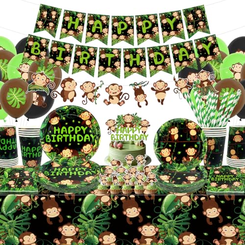 Affe Geburtstag Dekorationen, Affe Party Dekoration, Teller Tassen Servietten Tischdecke Happy Birthday Banner Ballon Kuchen Toppers für Wild Dschungel Tier Supplies, Serves 20 von LSJDEER