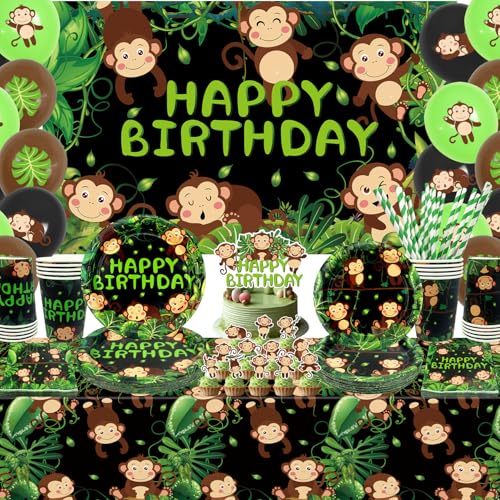 Affe Geburtstag Dekorationen, Affe Party Dekoration, Teller Tassen Servietten Tischdecke Happy Birthday Hintergrund Ballon Kuchen Toppers für Wild Dschungel Tier Supplies, Serves 20 von LSJDEER