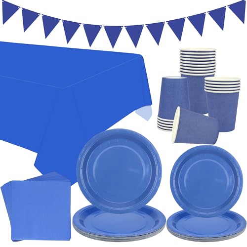 Blaues Partygeschirr Supplies - Serves 20, Blue Pastell Party Decoration Dinnerware includes Plates, Cups, Napkins, Banner, Tablecloth for Graduation Wedding Birthday Party (Blue + 20set) von LSJDEER