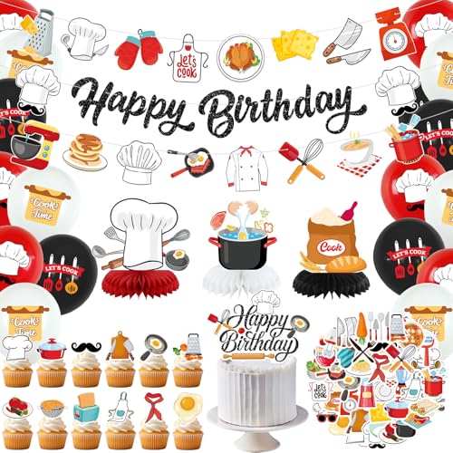 Chef-Party-Dekorationen, Geburtstagsdekoration für Koch, inklusive Banner "Happy Birthday", Kuchendekoration, Wabenaufsätze, Aufkleber und Luftballons für Koch, Kochen, Küchenutensilien von LSJDEER