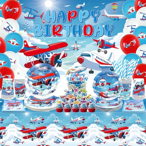 Flugzeug-Geburtstagsdekorationen – Flugzeug-Partyzubehör, Teller, Tassen, Servietten, Tischdecke, Happy Birthday Hintergrund, Ballon, Kuchendekorationen für Flugzeug-Themenparty, Babyparty-Zubehör Flugzeug-Geburtstagsdekorationen – Flugzeug-Partyzubehör, Teller, Tassen, Servietten, Tischdecke, Happy Birthday Hintergrund, Ballon, Kuchendekorationen für Flugzeug-Themenparty, Babyparty-Zubehör von LSJDEER