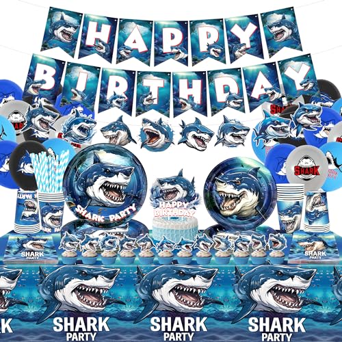 Hai Geburtstag Party Dekoration - Hai Party Favors, Teller Tassen Servietten Tischdecke alles Gute zum Geburtstag Banner Luftballons Bogen Kuchen Toppers für Jungen Ozean Hai Thema Party Supplies Hai Geburtstag Party Dekoration - Hai Party Favors, Teller Tassen Servietten Tischdecke alles Gute zum Geburtstag Banner Luftballons Bogen Kuchen Toppers für Jungen Ozean Hai Thema Party Supplies von LSJDEER