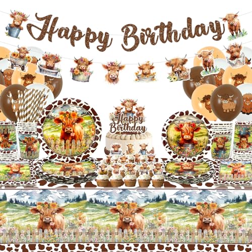Highland Cow Geburtstag Dekorationen - Braune Kuh Partygeschirr Teller Becher Servietten Pickle Party Tischdecke Happy Birthday Banner Luftballons Kuchen Topper für Western Bauernhof Tiere Supplie von LSJDEER