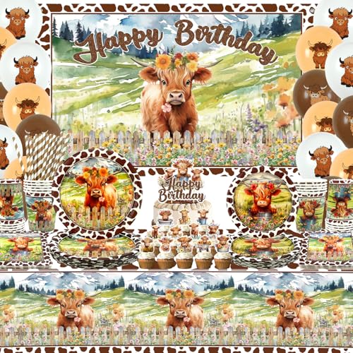 Highland Cow Geburtstagsdekorationen – Braune Kuh Partygeschirr, Teller, Becher, Servietten, Pickle Party Tischdecke, Happy Birthday Hintergrund, Luftballons, Kuchendekoration für westliche Highland Cow Geburtstagsdekorationen – Braune Kuh Partygeschirr, Teller, Becher, Servietten, Pickle Party Tischdecke, Happy Birthday Hintergrund, Luftballons, Kuchendekoration für westliche von LSJDEER