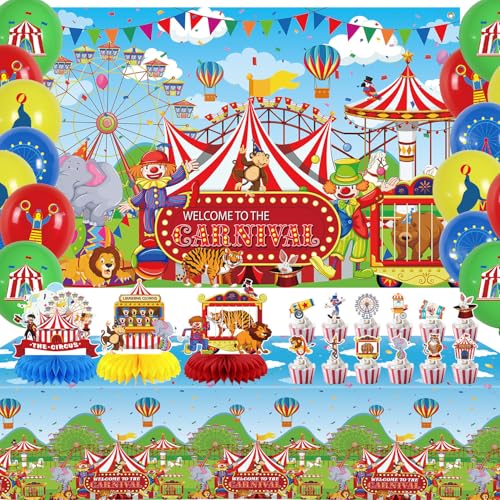 Karnevalsparty-Dekorationen, Zirkus-Themen-Geburtstagsparty-Zubehör, einschließlich Karnevals-Hintergrundballon, rot-weiß gestreifte Tischdecke, Tafelaufsätze, Cupcake-Topper für Karnevalsparty-Dekorationen, Zirkus-Themen-Geburtstagsparty-Zubehör, einschließlich Karnevals-Hintergrundballon, rot-weiß gestreifte Tischdecke, Tafelaufsätze, Cupcake-Topper für von LSJDEER