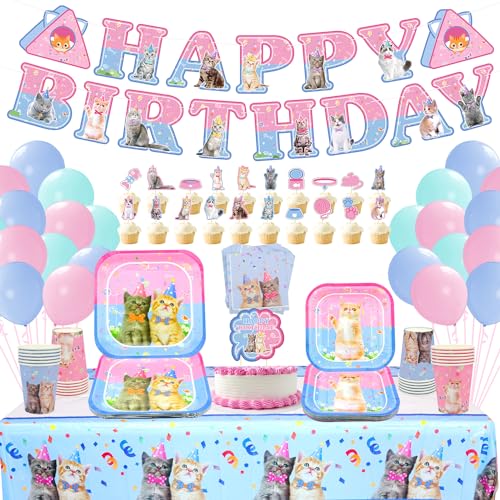 Katzen-Party-Dekorations-Zubehör-Set, Kätzchen-Geschirr, inklusive "Happy Birthday"-Banner, Macaron,Luftballons, Speiseteller, Dessertteller, Servietten,Tassen, Besteck, Cupcake-Topper – für 20 Stück von LSJDEER