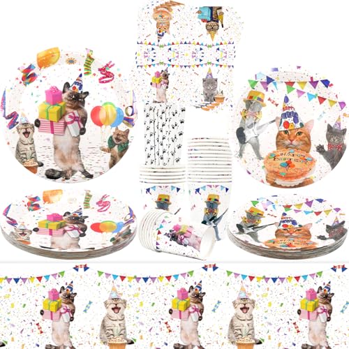 Katzenpartyzubehör, Katzenpartygeschirr – Speiseteller, Desserts, Teller, Becher, Servietten, Tischdecke, Strohhalme für Kätzchen, Mädchen, Geburtstagsdekorationen, Babyparty-Zubehör, 20 Stück Katzenpartyzubehör, Katzenpartygeschirr – Speiseteller, Desserts, Teller, Becher, Servietten, Tischdecke, Strohhalme für Kätzchen, Mädchen, Geburtstagsdekorationen, Babyparty-Zubehör, 20 Stück von LSJDEER