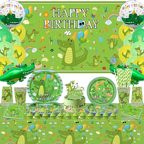 Krokodil Geburtstag Supplies - Dekorationen einschließlich Hintergrund, Tortenaufsatz, Teller, Tassen, Servietten, Tischdecke, Ballon für Reptilien, Alligator-Party, Jungen, Kinder Krokodil Geburtstag Supplies - Dekorationen einschließlich Hintergrund, Tortenaufsatz, Teller, Tassen, Servietten, Tischdecke, Ballon für Reptilien, Alligator-Party, Jungen, Kinder von LSJDEER