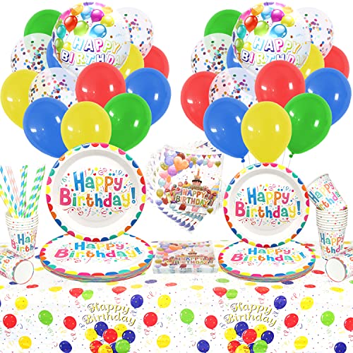 LSJDEER 112-teiliges Regenbogen-Geburtstags-Party-Geschirr-Set – Pastell-Party-Geschirr-Zubehör enthält Teller, Geburtstagsbanner, Luftballons für die Geburtstagsdekoration – für 20 Personen von LSJDEER