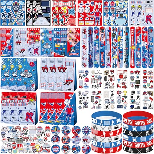 LSJDEER 134 PCs Hockey Party -Gefälligkeiten Set, 41 Aufkleber, 12 Goodie -Taschen, 12 Button -Abzeichen, 12 Slap -Armbänder, 12 Tattoo -Aufkleber, 12 Armbänder für Eishockey -Sportparty von LSJDEER