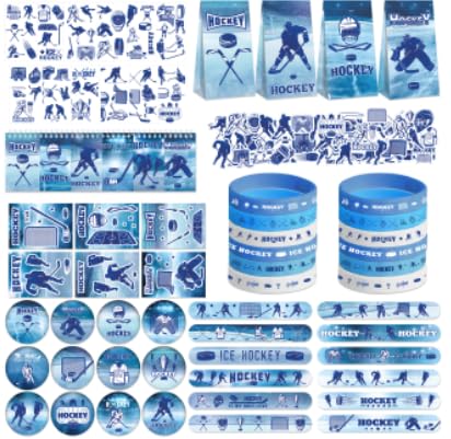 LSJDEER 134 PCs Hockey -Party -Gefälligkeiten Set - 41 Aufkleber, 12 Goodie -Taschen, 12 Button -Abzeichen, 12 Slap -Armbänder, 12 Tattoo -Aufkleber, 12 Armbänder für Eishockey -Sportparty von LSJDEER