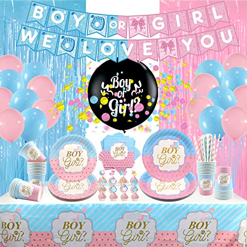 LSJDEER Baby Gender Reveal Party Supplies – Junge oder Mädchen We Love You Banner, Tischdecke, Tortenaufsatz, 36-Zoll-Enthüllungsballon, Teller Mehrfarbig Groß von LSJDEER