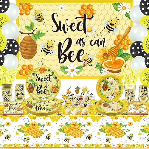 LSJDEER Bienen-Party-Zubehör – Honig-Hummel-Party-Dekoration beinhaltet Geburtstags-Bienen-Hintergrund, Teller, Tassen, Servietten, Bienen-Tischdecke, Ballon, für 20 Personen von LSJDEER
