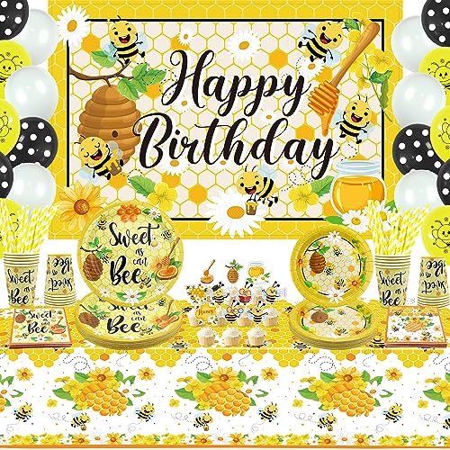 LSJDEER Bienen-Party-Zubehör – Honig-Hummel-Party-Dekoration beinhaltet Geburtstags-Bienen-Hintergrund, Teller, Tassen, Servietten, Bienen-Tischdecke, Ballon, für 20 Personen von LSJDEER