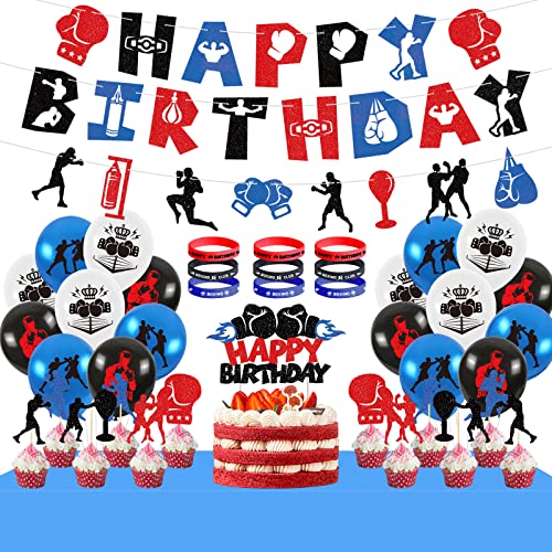 LSJDEER Boxkampf-Geburtstagsfeier-DekoratiEinn – Boxen Happy Birthday Banner Cake Topper Luftballons Tischdecke Armband für Wrestling Party Supplies Boxkampf Sport von LSJDEER