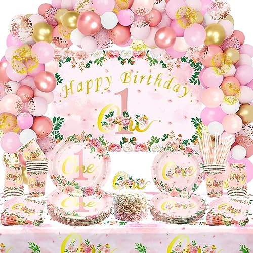 LSJDEER Dekorationen zum 1. Geburtstag für Mädchen, Zubehör für den ersten Geburtstag, HAPPY BIRTHDAY ONE-Hintergrund, Teller, Tassen, Servietten, Tischdecke, Strohhalme LSJDEER Dekorationen zum 1. Geburtstag für Mädchen, Zubehör für den ersten Geburtstag, HAPPY BIRTHDAY ONE-Hintergrund, Teller, Tassen, Servietten, Tischdecke, Strohhalme von LSJDEER